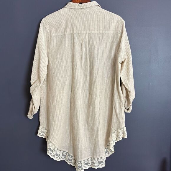 Umgee Cotton Blend Beige White Stripe Lace Trim Button Front Shirt XL - Picture 3 of 15